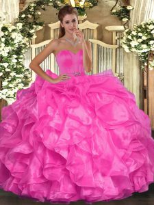 Luxurious Hot Pink Sweetheart Lace Up Beading and Ruffles Quinceanera Gowns Sleeveless