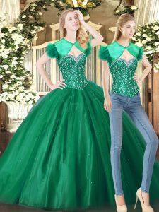 Sophisticated Green Tulle Lace Up Sweetheart Sleeveless Floor Length Quinceanera Dresses Beading