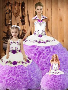 Ball Gowns Quinceanera Dress Lilac Halter Top Satin and Fabric With Rolling Flowers Sleeveless Floor Length Lace Up
