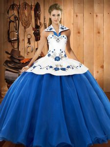 Trendy Blue And White Satin and Tulle Lace Up Halter Top Sleeveless Floor Length Quinceanera Dresses Embroidery