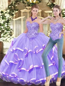 Lavender Two Pieces Organza Sweetheart Sleeveless Appliques and Ruffled Layers Floor Length Zipper 15th Birthday Dress