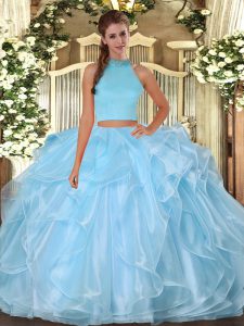 Sleeveless Floor Length Beading and Ruffles Backless Quinceanera Gown with Light Blue