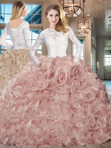 Perfect Brush Train Ball Gowns Sweet 16 Dress Champagne Scoop Lace and Fading Color Long Sleeves Lace Up