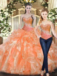Stylish Orange Red Lace Up Sweet 16 Dress Beading and Ruffles Sleeveless Floor Length