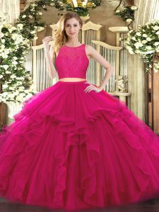 Cheap Two Pieces Quince Ball Gowns Fuchsia Scoop Tulle Sleeveless Floor Length Zipper