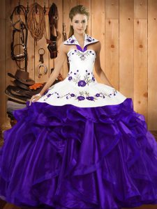 Cheap Purple Halter Top Neckline Embroidery and Ruffled Layers Ball Gown Prom Dress Sleeveless Lace Up