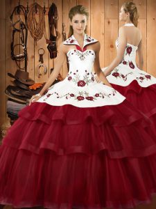 Sleeveless Embroidery and Ruffled Layers Lace Up Ball Gown Prom Dress with Wine Red Sweep Train