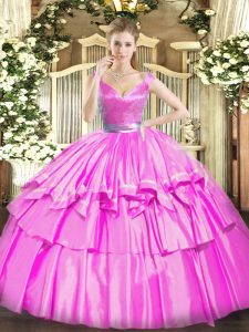 Fuchsia V-neck Neckline Beading and Ruffled Layers Quince Ball Gowns Sleeveless Zipper