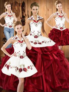 Luxury Wine Red Ball Gowns Organza Halter Top Sleeveless Embroidery and Ruffles Floor Length Lace Up Sweet 16 Dresses