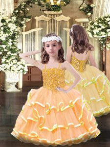 Excellent Organza Spaghetti Straps Sleeveless Lace Up Beading and Ruffled Layers Child Pageant Dress in Orange