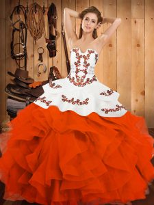 Orange Red Strapless Lace Up Embroidery and Ruffles Quince Ball Gowns Sleeveless