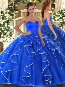 Extravagant Floor Length Lace Up Quince Ball Gowns Blue for Military Ball and Sweet 16 and Quinceanera with Beading and Ruffles