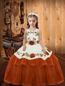Rust Red Sleeveless Floor Length Embroidery and Ruffled Layers Lace Up Kids Formal Wear