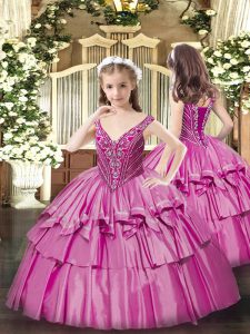 Beading and Ruffled Layers Little Girl Pageant Dress Fuchsia Lace Up Sleeveless Floor Length
