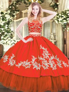 Spectacular Red Zipper Scoop Beading and Appliques Quince Ball Gowns Tulle Sleeveless