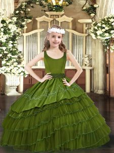 Fashion Floor Length Olive Green Pageant Dress for Womens Organza Sleeveless Beading and Embroidery and Ruffled Layers