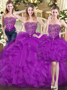 Perfect Purple Quinceanera Dresses Military Ball and Sweet 16 and Quinceanera with Beading and Ruffles Sweetheart Sleeveless Lace Up