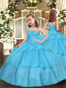 Organza Straps Sleeveless Lace Up Beading and Ruffled Layers Girls Pageant Dresses in Aqua Blue