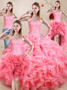 Baby Pink Sweetheart Neckline Beading and Ruffles and Ruching Sweet 16 Quinceanera Dress Sleeveless Lace Up