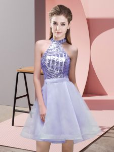 Clearance Lavender Chiffon Backless Halter Top Sleeveless Mini Length Court Dresses for Sweet 16 Sequins