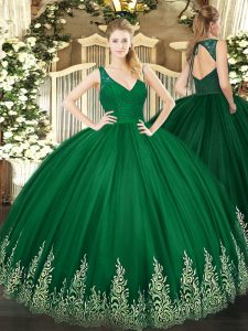 Deluxe Dark Green Quinceanera Dress Sweet 16 and Quinceanera with Beading and Appliques V-neck Sleeveless Zipper