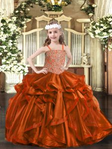 Rust Red Lace Up Straps Beading and Embroidery and Ruffles Pageant Dress for Teens Organza Sleeveless
