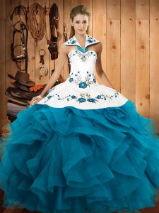 Sleeveless Tulle Floor Length Lace Up Sweet 16 Quinceanera Dress in Teal with Embroidery and Ruffles