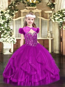 Tulle Straps Sleeveless Lace Up Beading and Ruffles Little Girls Pageant Gowns in Fuchsia