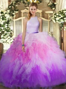 Multi-color Quinceanera Gown Sweet 16 and Quinceanera with Ruffles High-neck Sleeveless Backless