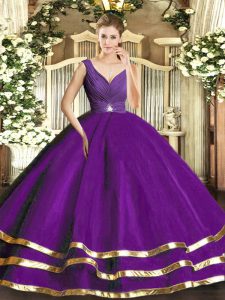 Sumptuous Sleeveless Tulle Floor Length Backless Sweet 16 Quinceanera Dress in Purple with Ruffled Layers