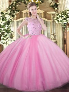 Rose Pink Tulle Zipper 15th Birthday Dress Sleeveless Floor Length Beading