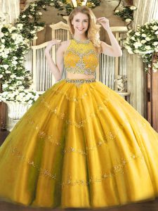 Gold Sleeveless Beading Floor Length Quinceanera Dresses