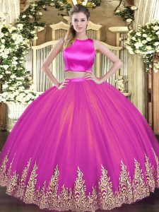 Spectacular Fuchsia 15 Quinceanera Dress Military Ball and Sweet 16 and Quinceanera with Appliques High-neck Sleeveless Criss Cross
