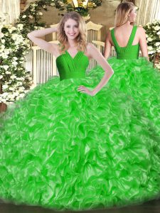 Sleeveless Floor Length Ruffles Zipper Quinceanera Dress with Green