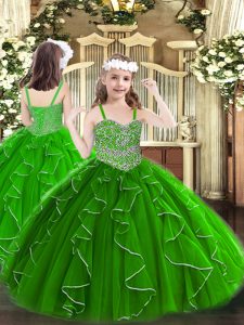 Beautiful Green Lace Up Child Pageant Dress Beading and Ruffles Sleeveless Floor Length