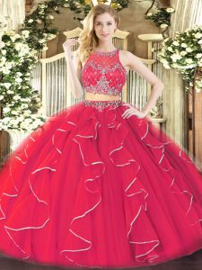 Scoop Sleeveless 15th Birthday Dress Floor Length Ruffles Coral Red Organza