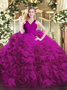 Fuchsia Organza and Fabric With Rolling Flowers Zipper Quinceanera Dress Sleeveless Floor Length Ruffles
