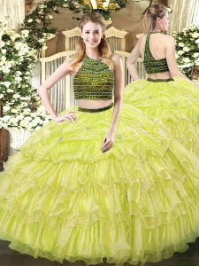 Yellow Green Halter Top Neckline Beading and Ruffled Layers Sweet 16 Dress Sleeveless Zipper