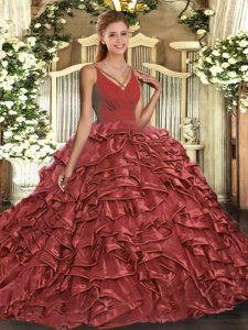 Red V-neck Neckline Beading and Ruffles Quinceanera Gown Sleeveless Backless