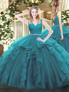 Edgy Teal Sleeveless Tulle Zipper Vestidos de Quinceanera for Military Ball and Sweet 16 and Quinceanera