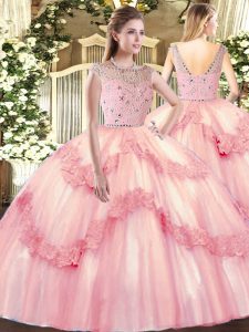 Baby Pink Bateau Neckline Beading and Appliques Sweet 16 Dresses Sleeveless Zipper