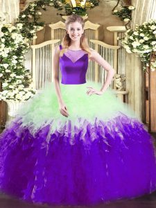 Multi-color Ball Gowns Scoop Sleeveless Tulle Floor Length Side Zipper Beading and Ruffles 15 Quinceanera Dress