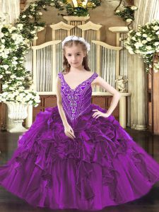 Custom Design Organza V-neck Sleeveless Lace Up Beading and Ruffles Little Girls Pageant Dress Wholesale in Purple