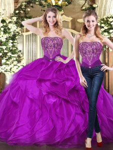 Delicate Purple Ball Gowns Sweetheart Sleeveless Organza Floor Length Lace Up Beading and Ruffles 15th Birthday Dress
