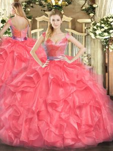 Edgy Beading and Ruffles Ball Gown Prom Dress Coral Red Zipper Sleeveless Floor Length