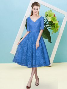 Dramatic Blue Half Sleeves Bowknot Tea Length Quinceanera Court of Honor Dress