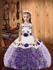 Pretty Multi-color Fabric With Rolling Flowers Lace Up Pageant Dress for Womens Sleeveless Floor Length Embroidery and Ruffles