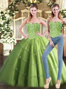 Tulle Sweetheart Sleeveless Lace Up Beading Quince Ball Gowns in Olive Green