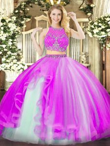 Best Selling Fuchsia Scoop Neckline Beading and Ruffles Quinceanera Gowns Sleeveless Zipper