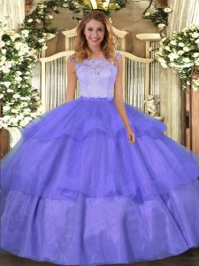 Lavender Scoop Neckline Lace and Ruffled Layers Sweet 16 Dresses Sleeveless Clasp Handle